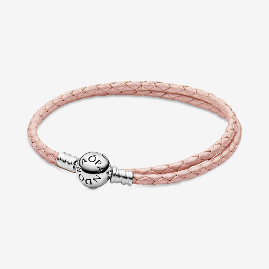 Silver leather bracelet, double, pink image number 0