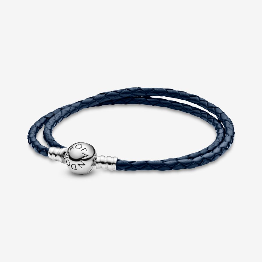 Silver leather bracelet, double, dark blue image number 0