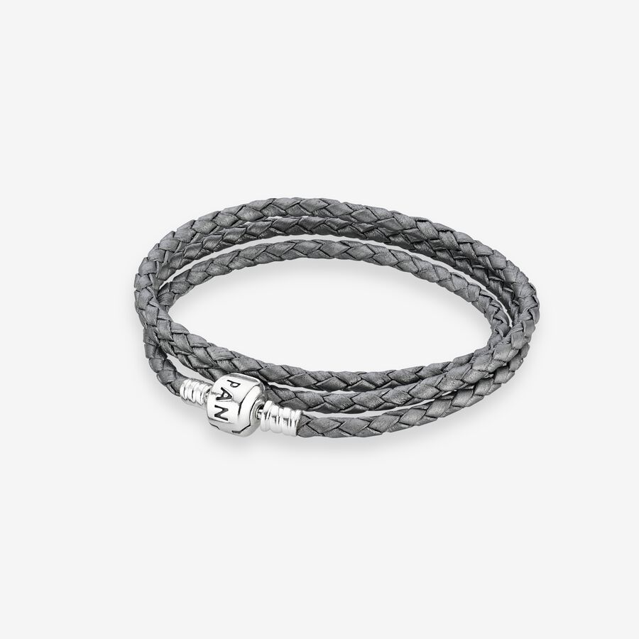Silver leather bracelet, triple image number 0