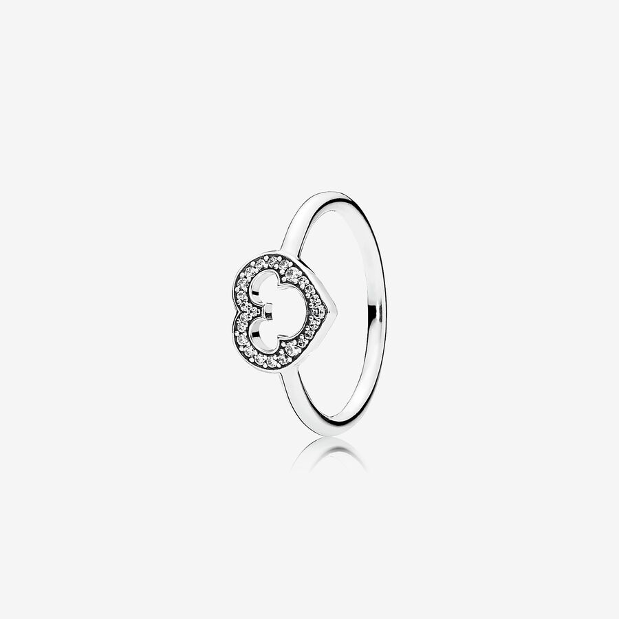 Disney heart silver ring with cubic zirconia and cut-out Mickey silhouette