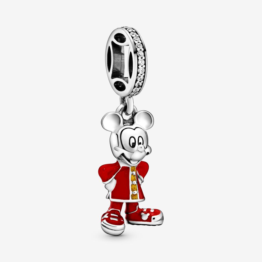 Disney Mickey sterling silver dangle with clear cubic zirconia, red and shimmering golden enamel