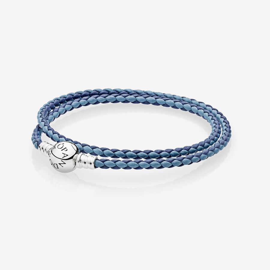 Silver leather bracelet, double, blue colour mix image number 0
