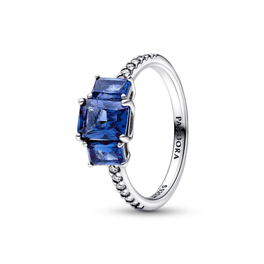 Blauer Rechteckiger Funkelnder Drei-Stein-Ring