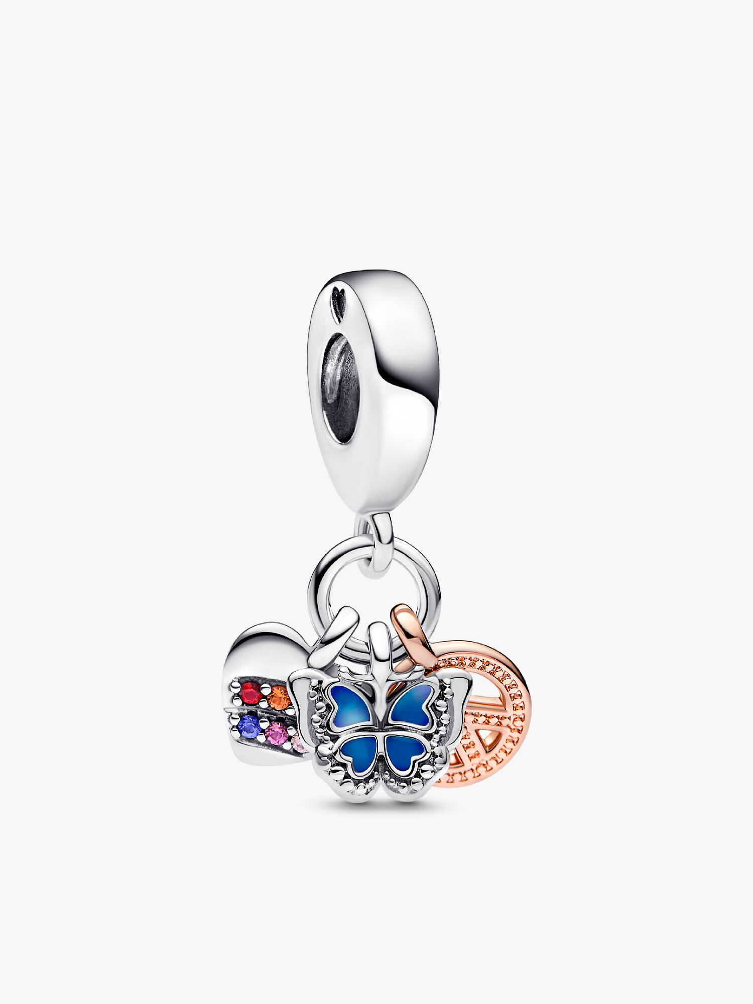 Zweifarbiges Regenbogenherz, Schmetterling & Frieden Dreifacher Charm-Anhänger