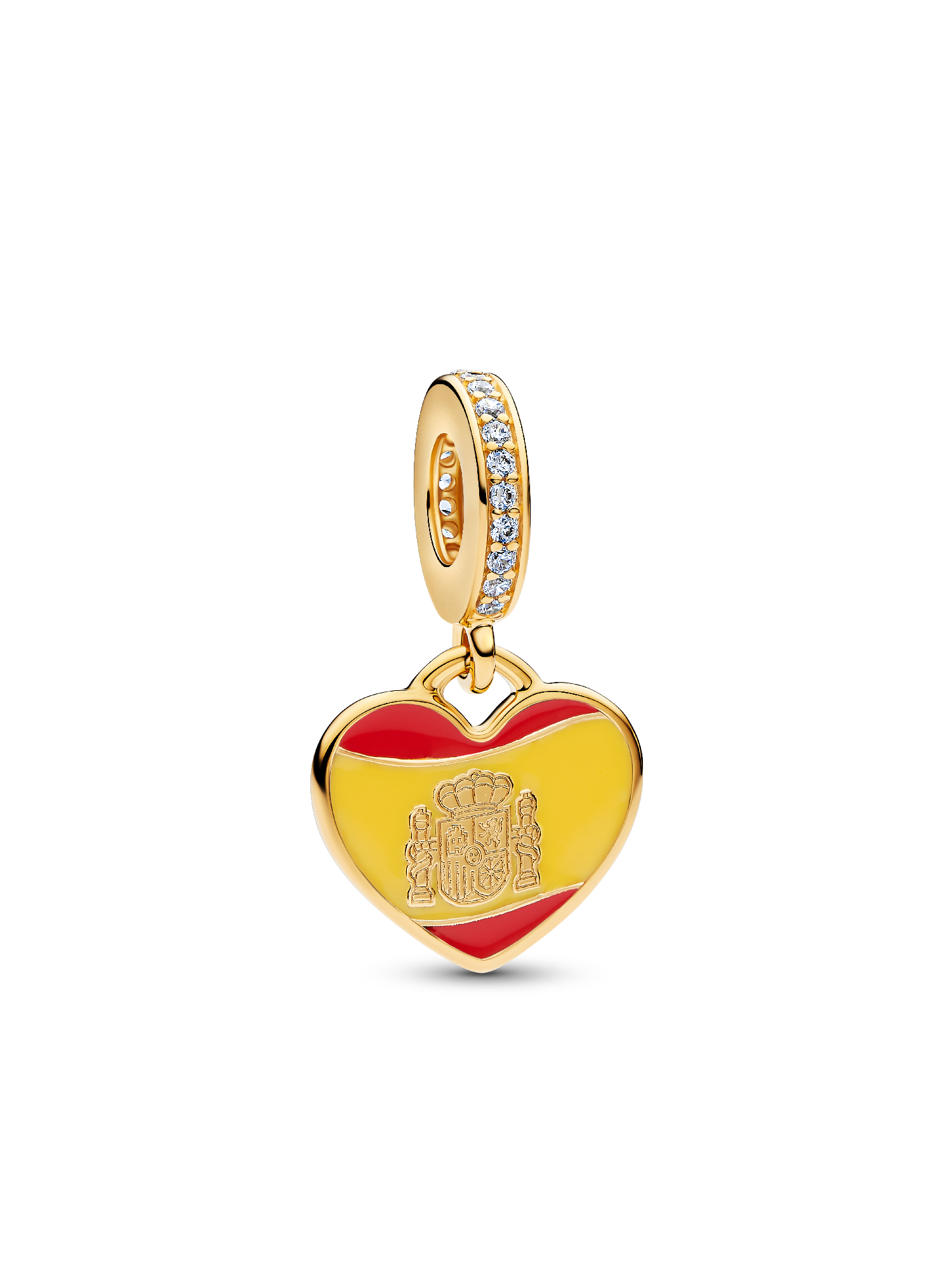 Spanish flag 14k gold-plated dangle with clear cubic zirconia, red and yellow enamel