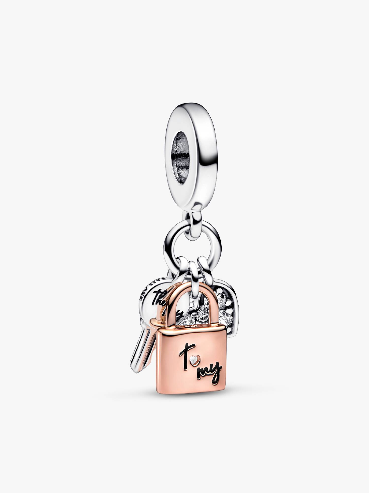 Bicolor Schlüssel, Vorhängeschloss & Herz Dreifacher Charm-Anhänger