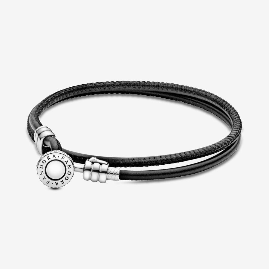 Silver leather bracelet, double, black and clear cubic zirconia image number 0