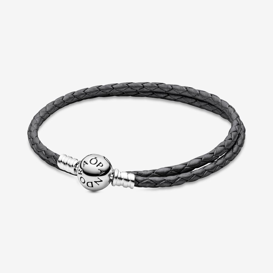 Silver leather bracelet, double, silver grey image number 0
