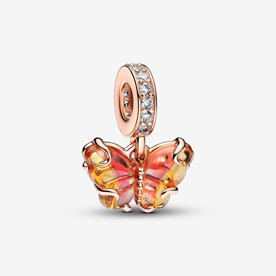 Rosafarbener & Gelber Murano-Glas Schmetterling Charm-Anhänger image number 0