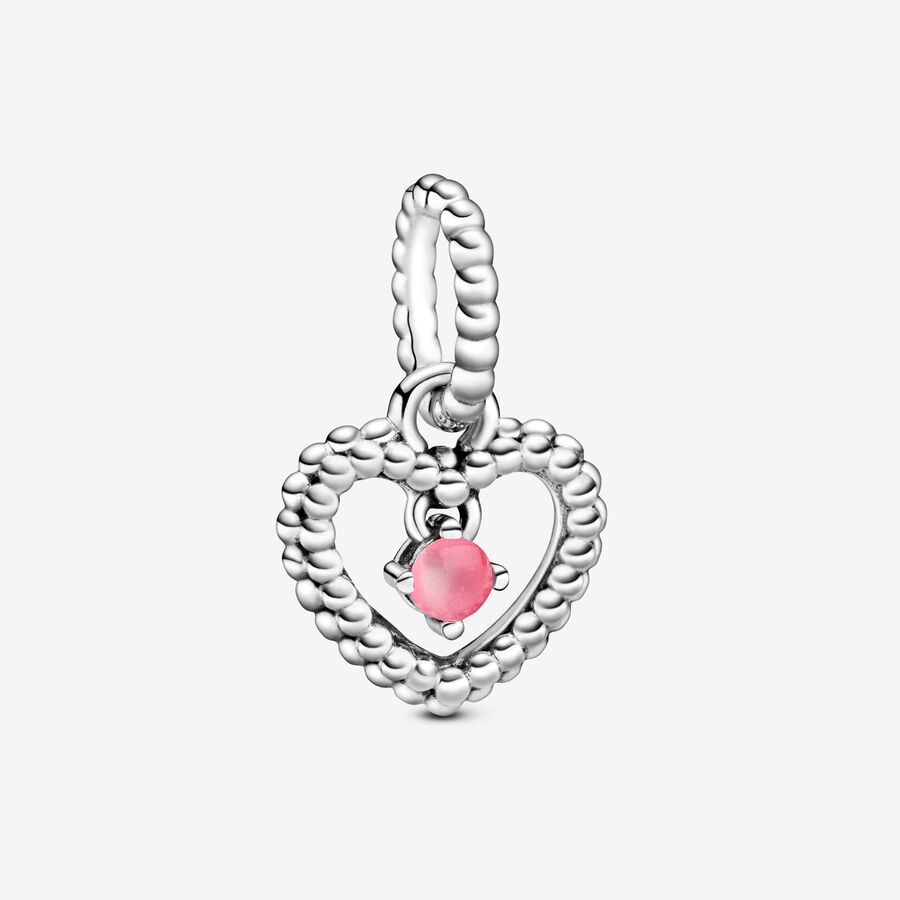 Oktober Geburtsstein Pinkfarbiger Metallperlen-Herz Charm-Anhänger image number 0